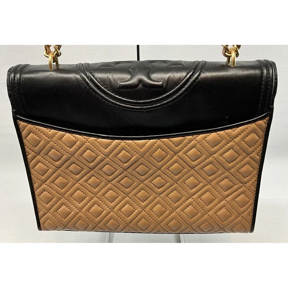 Tory Burch Fleming Quilted Colorblock Convertible Leather Shoulder Bag Black Tan